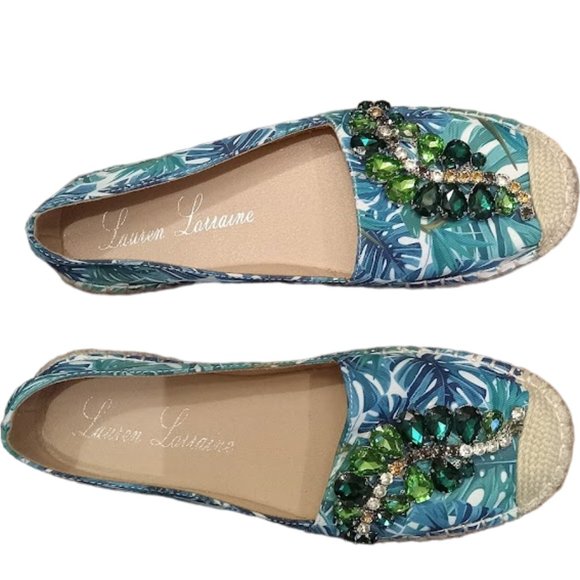 EUC 💎💎Jeweled 💎💎Tropical Palm Leaf Print Espadrille Flat | Women | Sz: 7 1/2